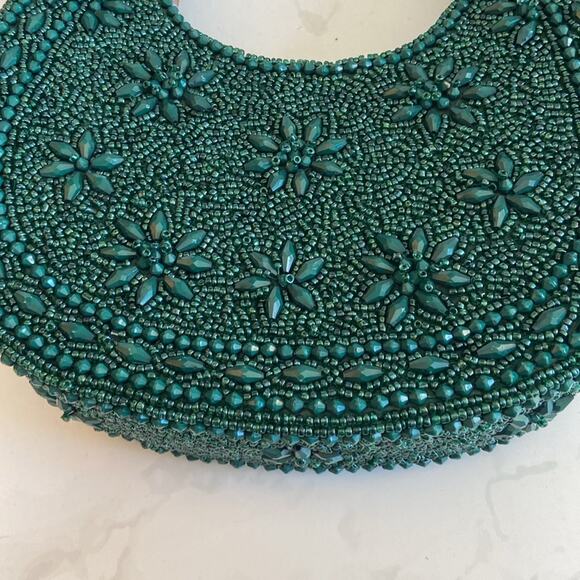 New Viral Beaded Bag Made in India Hunter Green Shoulder Bag Fall Winter Floral - Picture 2 of 6
